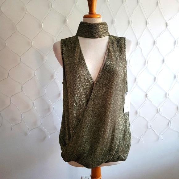 Bailey 44 (Anthropologie) Wrap Neck Top / Metallic Gold Lurex / Sz Large - Picture 1 of 14